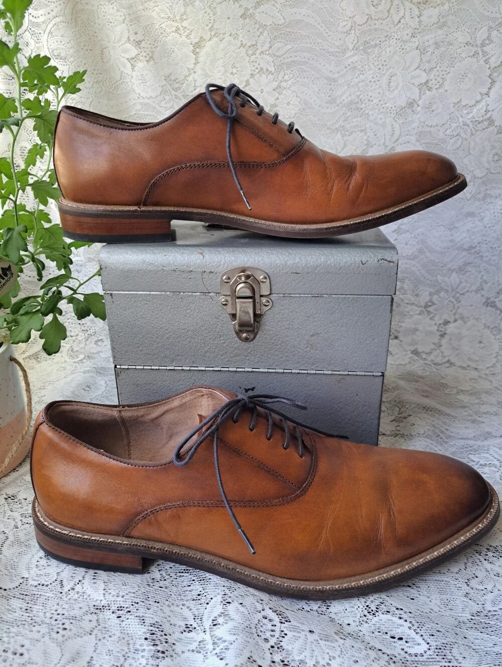 Aston Grey Leu Men's Oxford Dress Shoes Cognac Brown Leather Lace Up Size 11